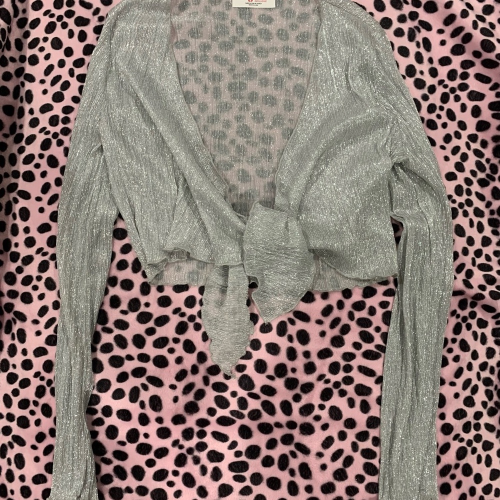 Fashion Magazine Silver Shimmer Long Sleeve Crop Top